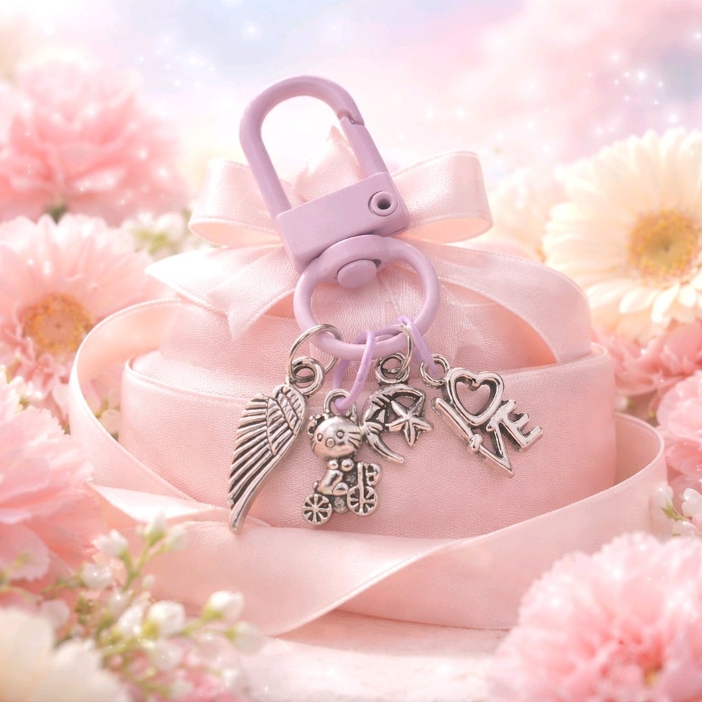 I Love My Kitty Cat Silver Charms Handcrafted Pink Zipper Bag Clip Keychain
